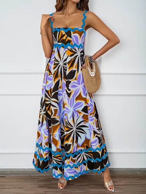Holiday High Waist Backless Sleeveless Contrast Colors Maxi Dress