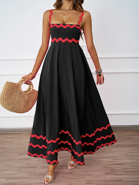 Holiday High Waist Backless Sleeveless Contrast Colors Maxi Dress