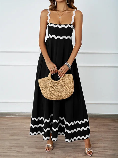 Holiday High Waist Backless Sleeveless Contrast Colors Maxi Dress