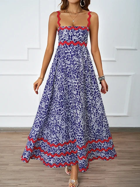 Holiday High Waist Backless Sleeveless Contrast Colors Maxi Dress