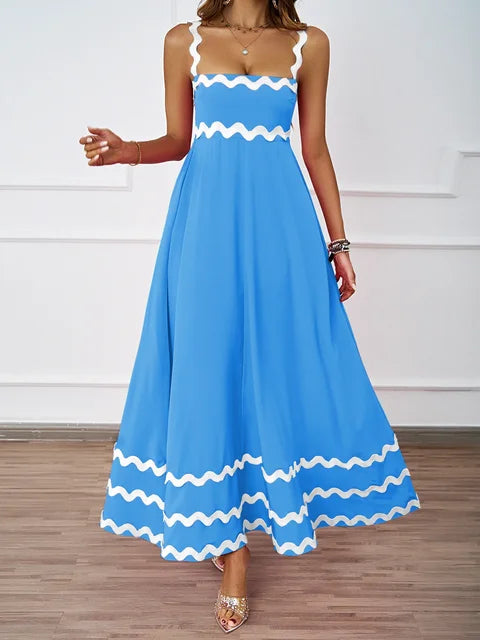 Holiday High Waist Backless Sleeveless Contrast Colors Maxi Dress