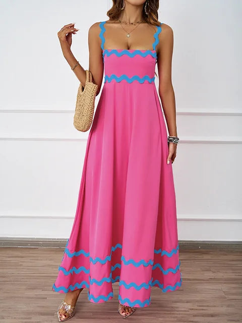 Holiday High Waist Backless Sleeveless Contrast Colors Maxi Dress