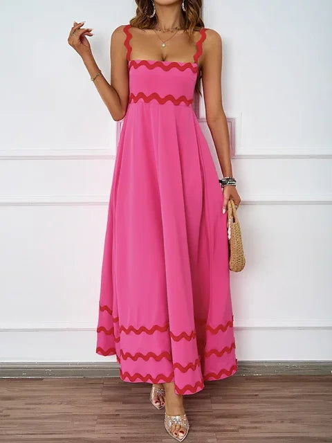 Holiday High Waist Backless Sleeveless Contrast Colors Maxi Dress