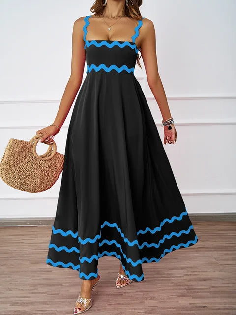 Holiday High Waist Backless Sleeveless Contrast Colors Maxi Dress