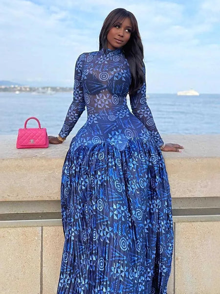 Royal Blue Mid-turtleneck High Waist Transparent Light Long Dress with – Shequila's Fashions