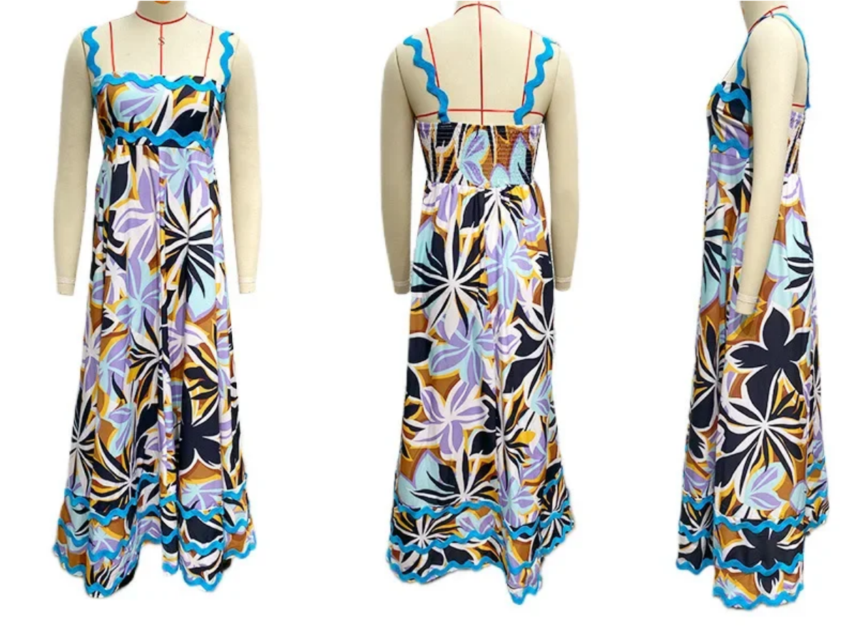 Holiday High Waist Backless Sleeveless Contrast Colors Maxi Dress