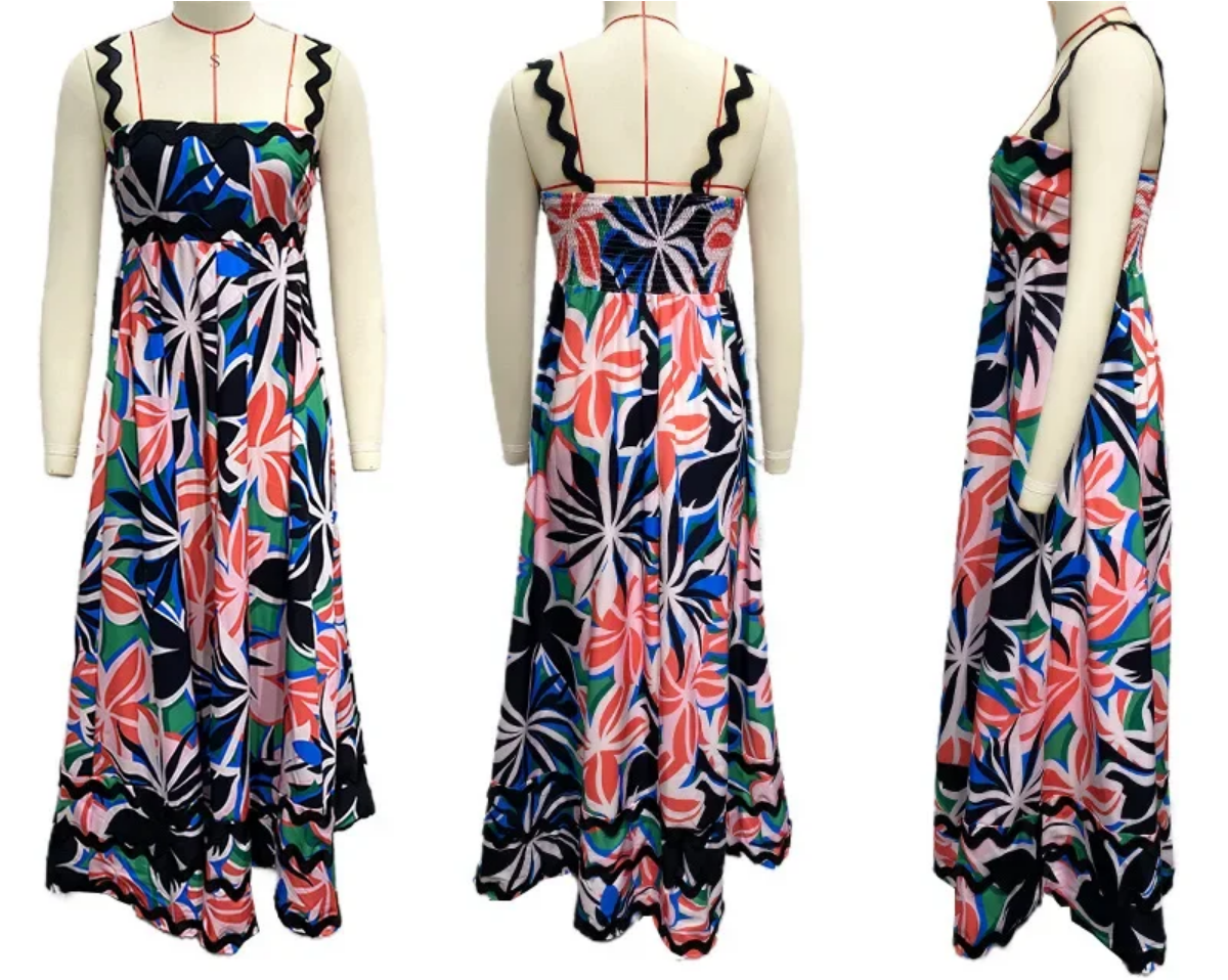 Holiday High Waist Backless Sleeveless Contrast Colors Maxi Dress