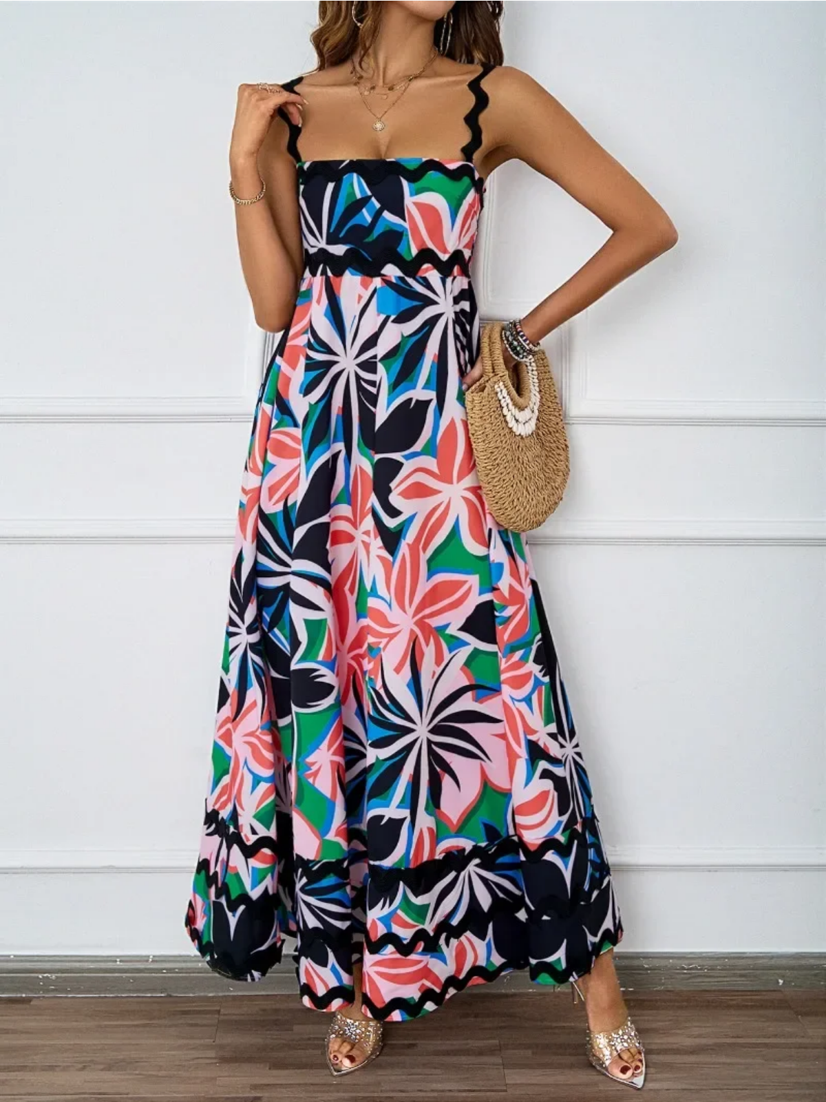 Holiday High Waist Backless Sleeveless Contrast Colors Maxi Dress