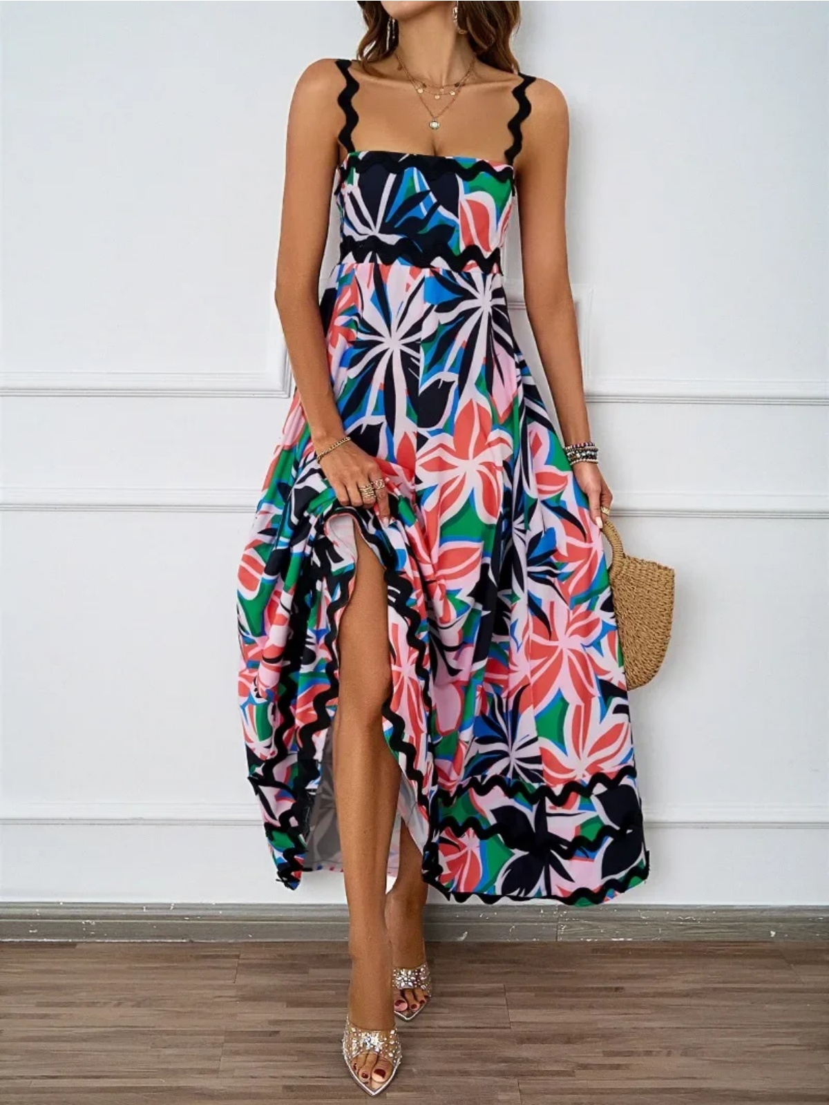 Holiday High Waist Backless Sleeveless Contrast Colors Maxi Dress