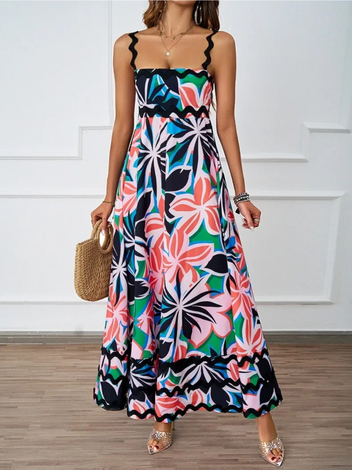 Holiday High Waist Backless Sleeveless Contrast Colors Maxi Dress
