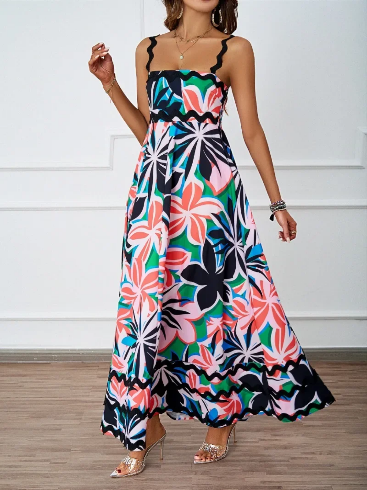 Holiday High Waist Backless Sleeveless Contrast Colors Maxi Dress