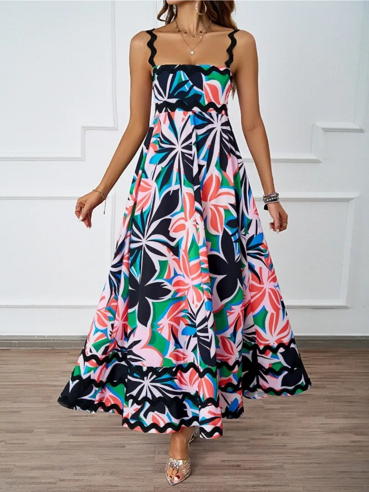 Holiday High Waist Backless Sleeveless Contrast Colors Maxi Dress