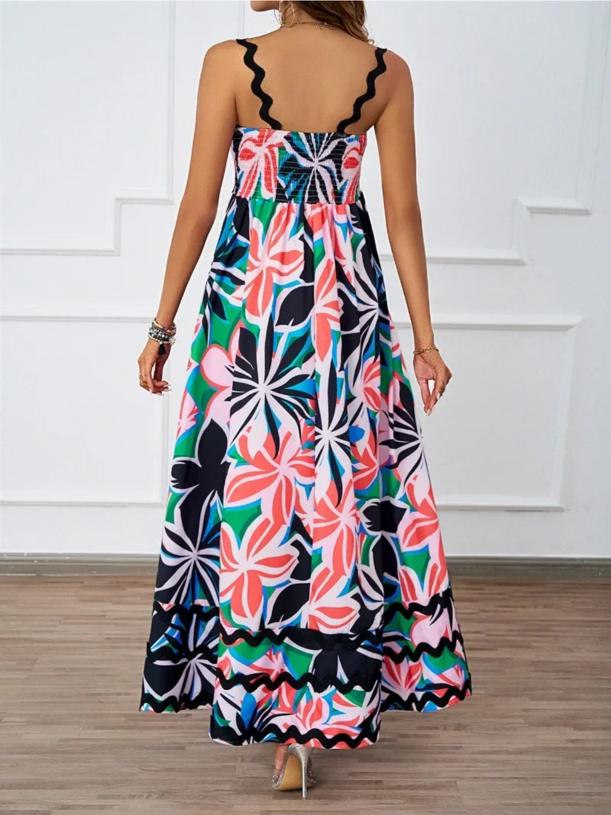 Holiday High Waist Backless Sleeveless Contrast Colors Maxi Dress
