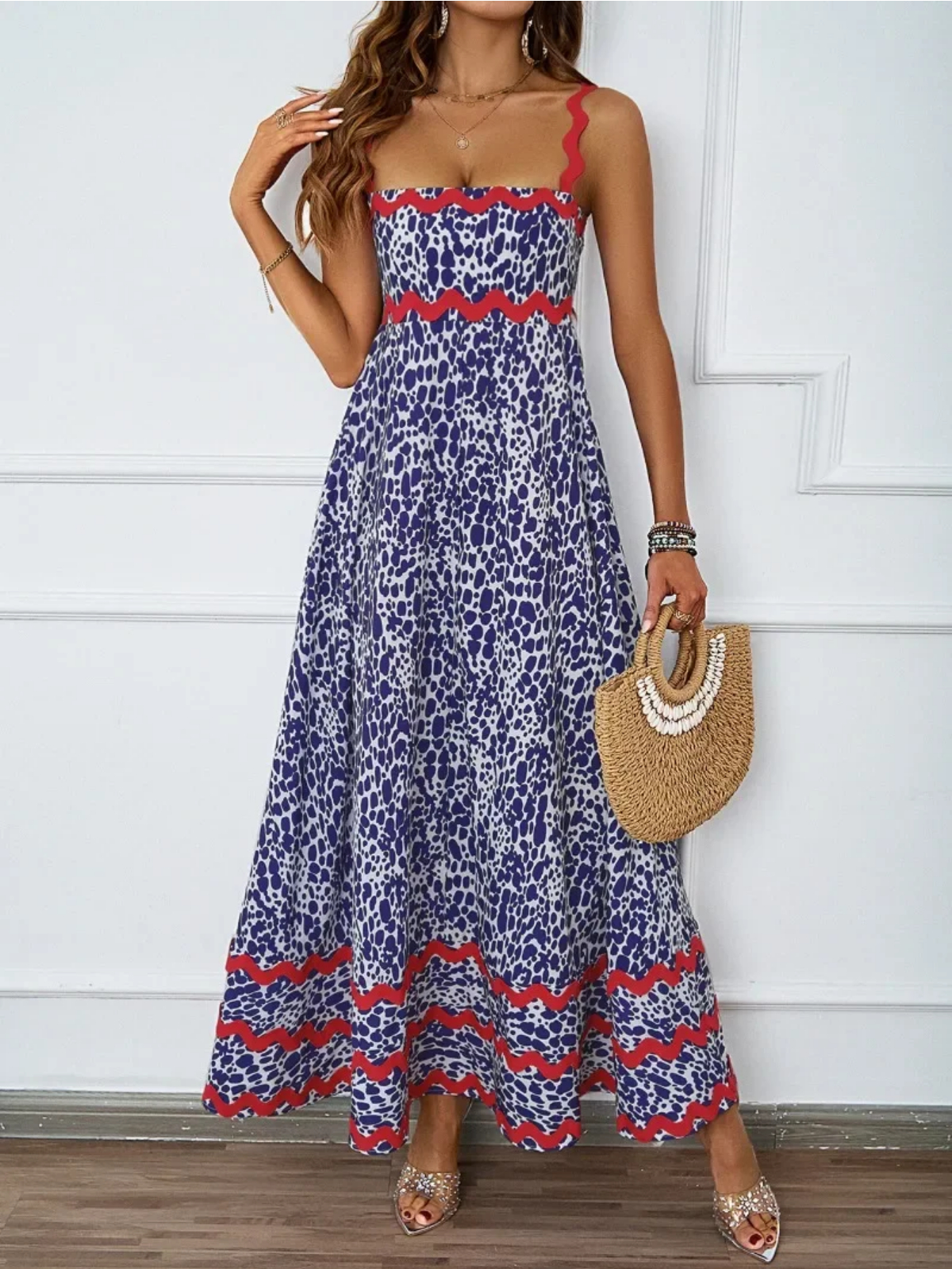 Holiday High Waist Backless Sleeveless Contrast Colors Maxi Dress