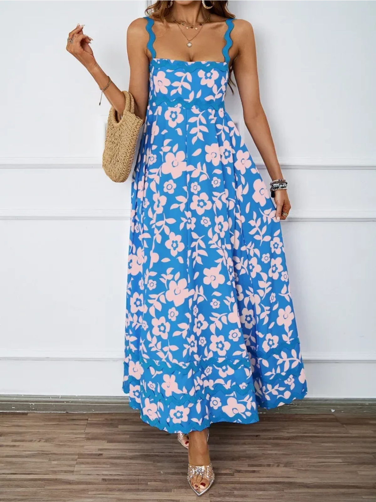 Holiday High Waist Backless Sleeveless Contrast Colors Maxi Dress
