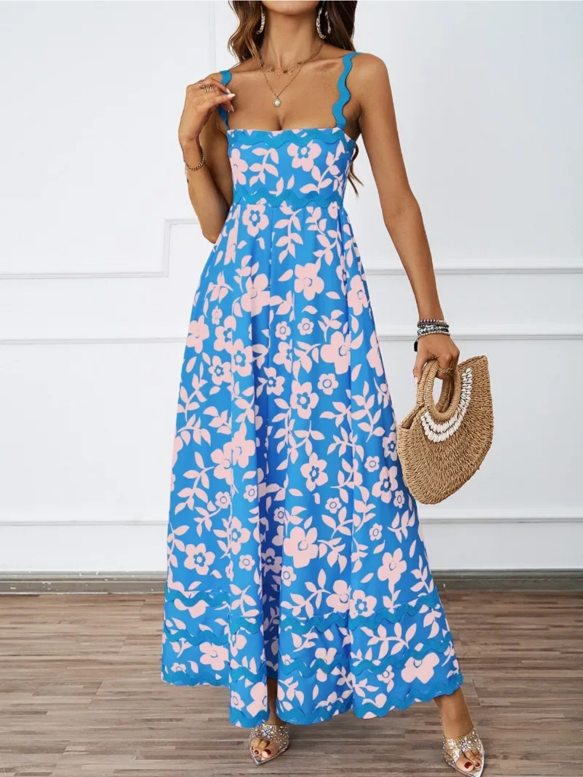 Holiday High Waist Backless Sleeveless Contrast Colors Maxi Dress