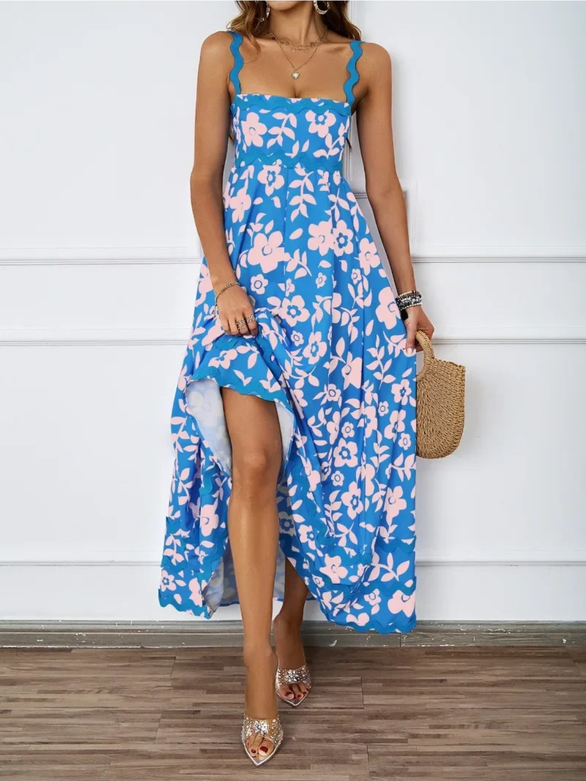 Holiday High Waist Backless Sleeveless Contrast Colors Maxi Dress