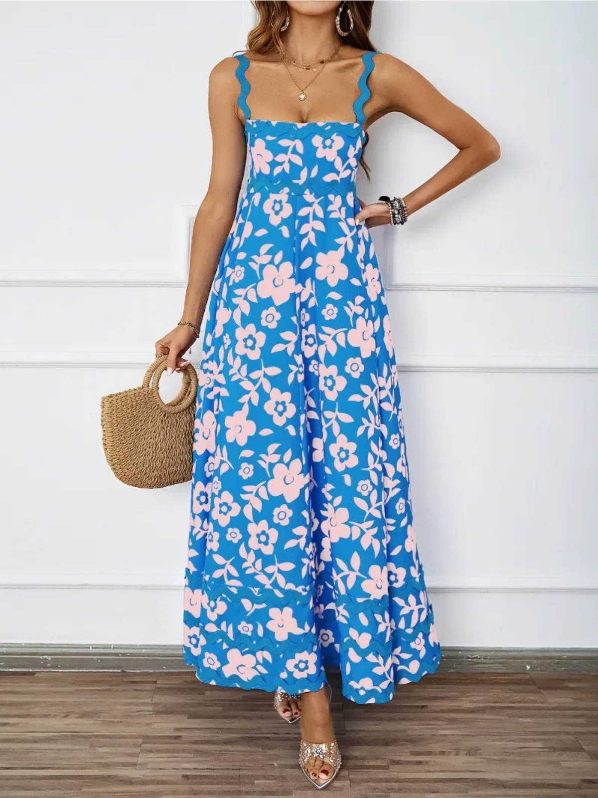 Holiday High Waist Backless Sleeveless Contrast Colors Maxi Dress