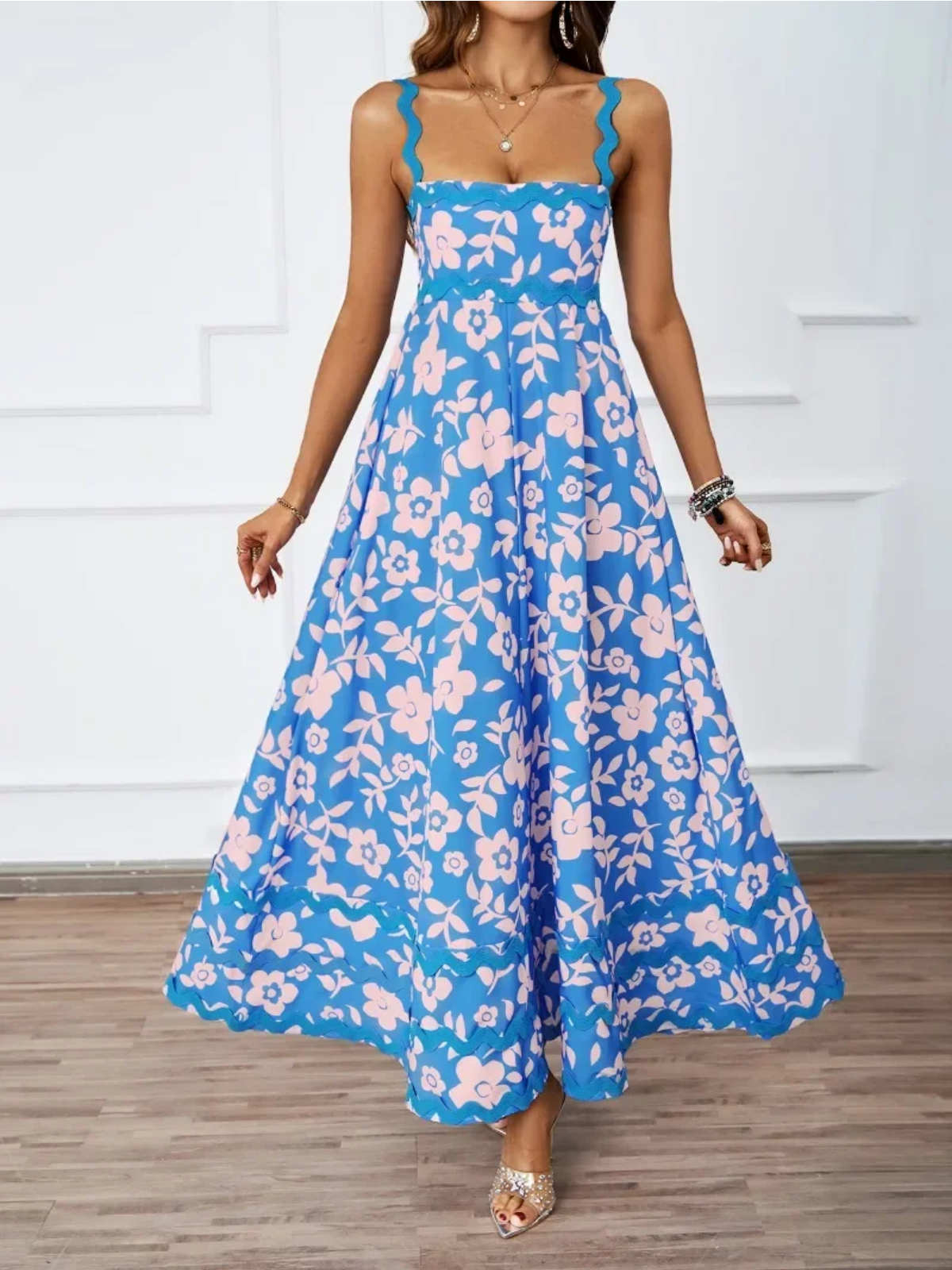 Holiday High Waist Backless Sleeveless Contrast Colors Maxi Dress