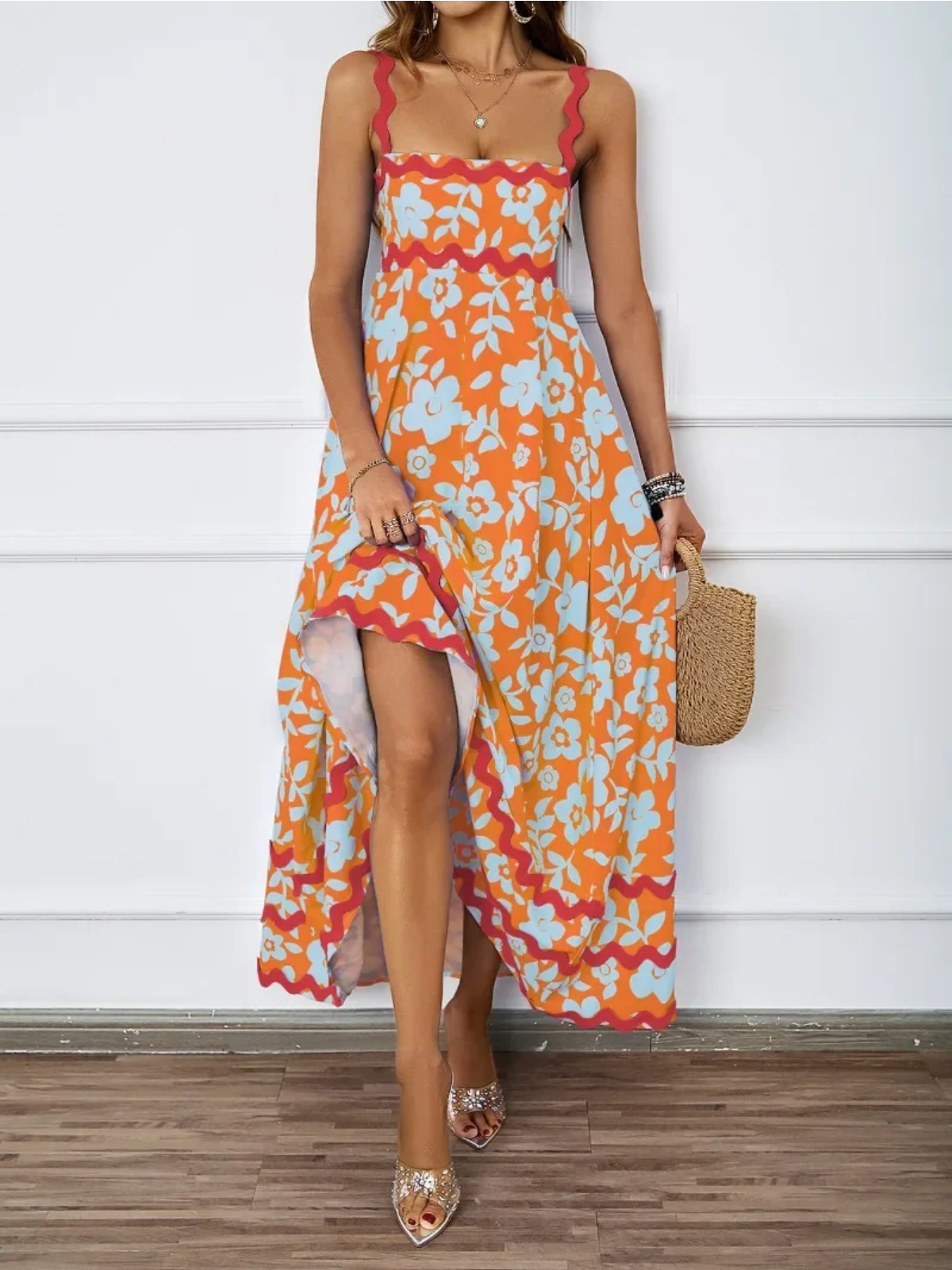 Holiday High Waist Backless Sleeveless Contrast Colors Maxi Dress