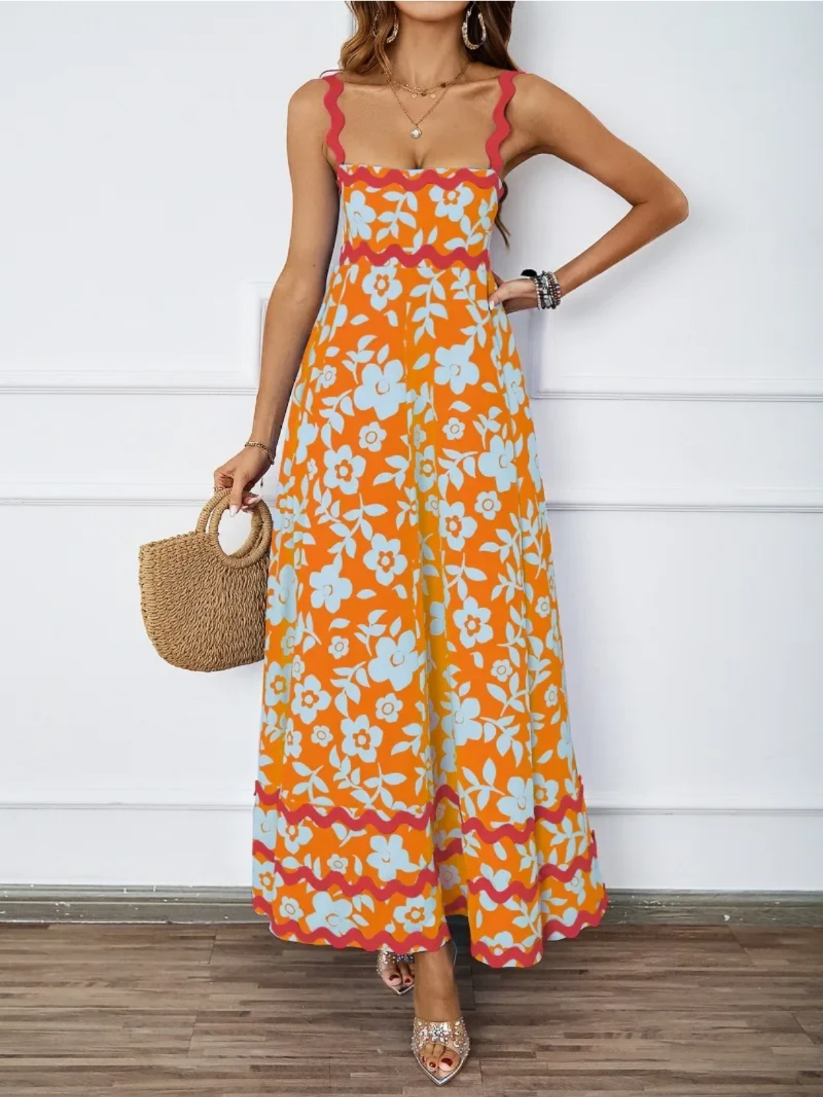 Holiday High Waist Backless Sleeveless Contrast Colors Maxi Dress
