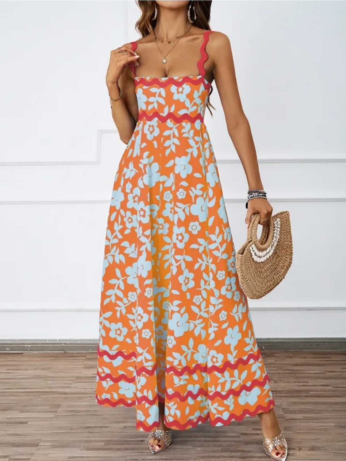 Holiday High Waist Backless Sleeveless Contrast Colors Maxi Dress