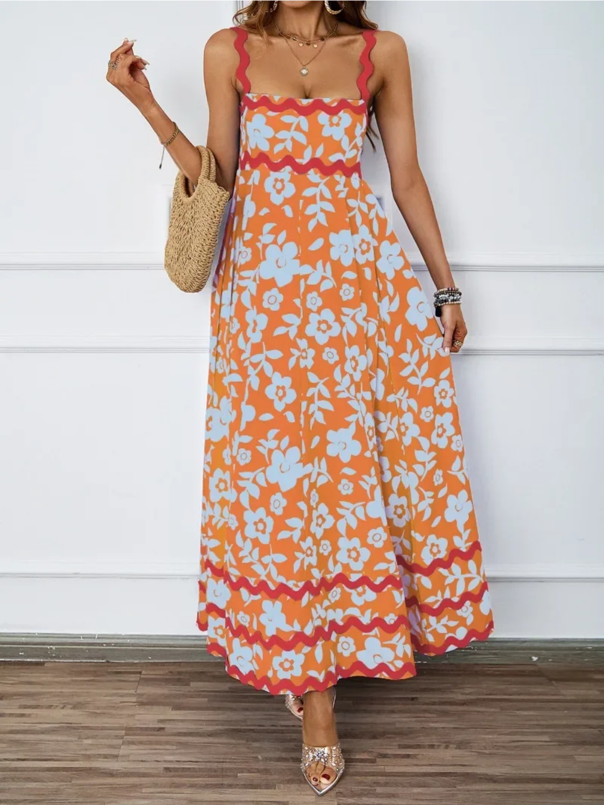Holiday High Waist Backless Sleeveless Contrast Colors Maxi Dress