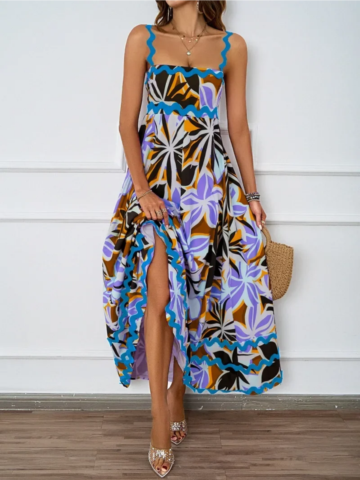 Holiday High Waist Backless Sleeveless Contrast Colors Maxi Dress