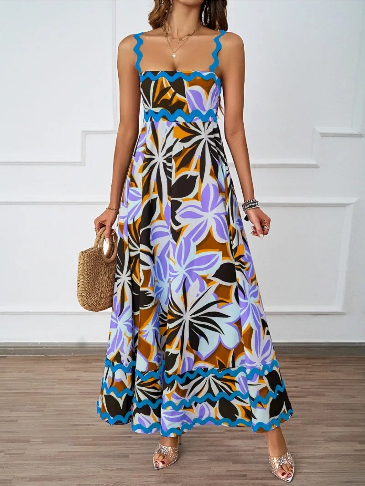 Holiday High Waist Backless Sleeveless Contrast Colors Maxi Dress
