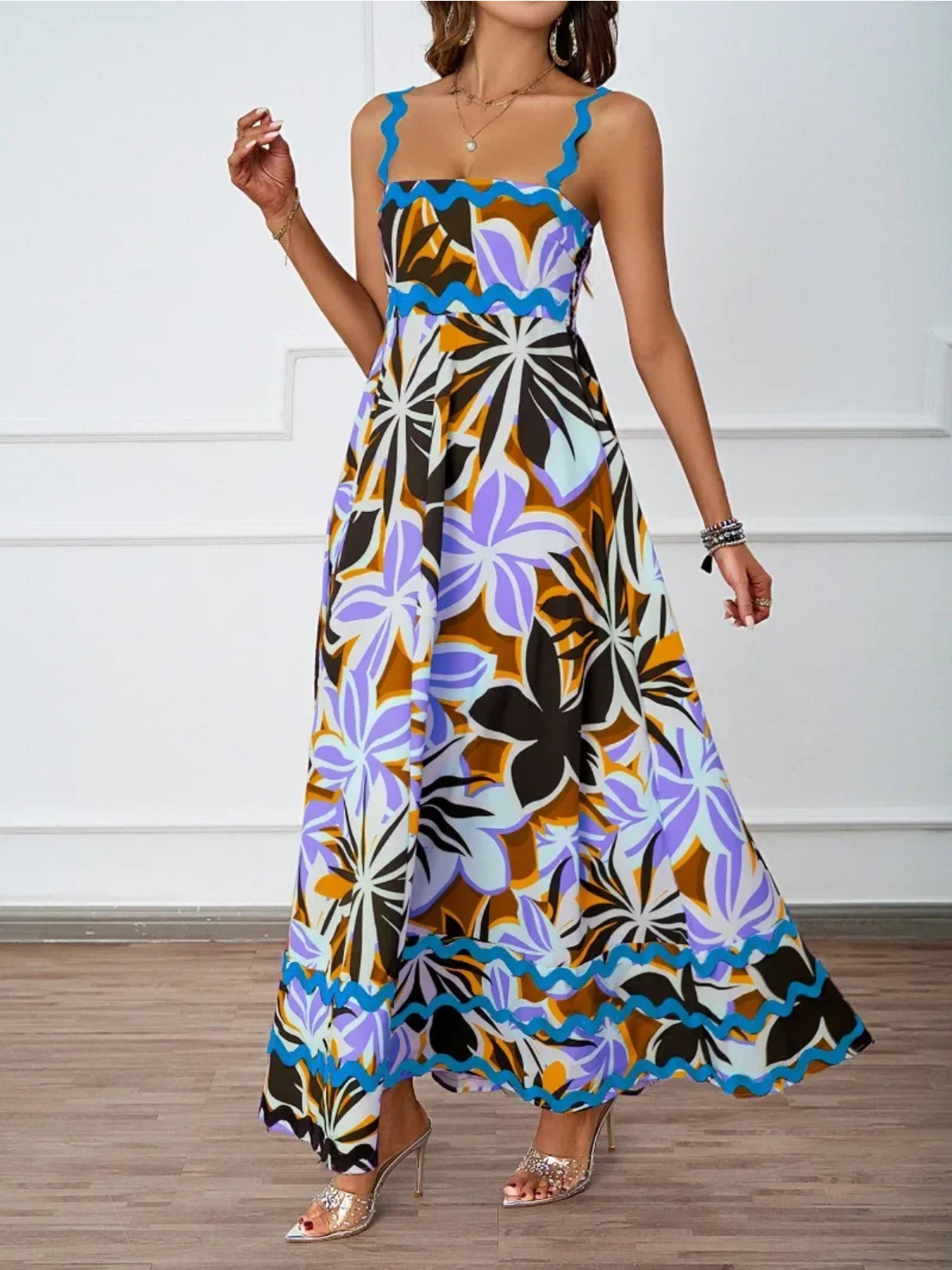 Holiday High Waist Backless Sleeveless Contrast Colors Maxi Dress