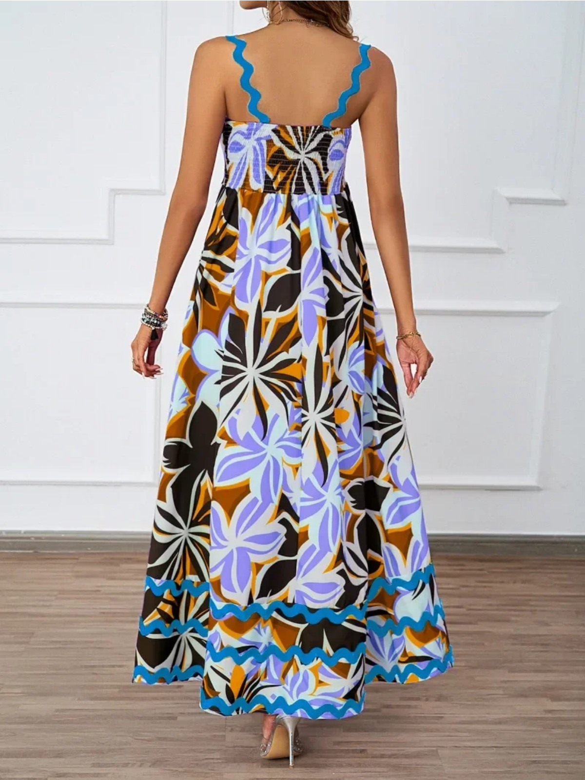 Holiday High Waist Backless Sleeveless Contrast Colors Maxi Dress