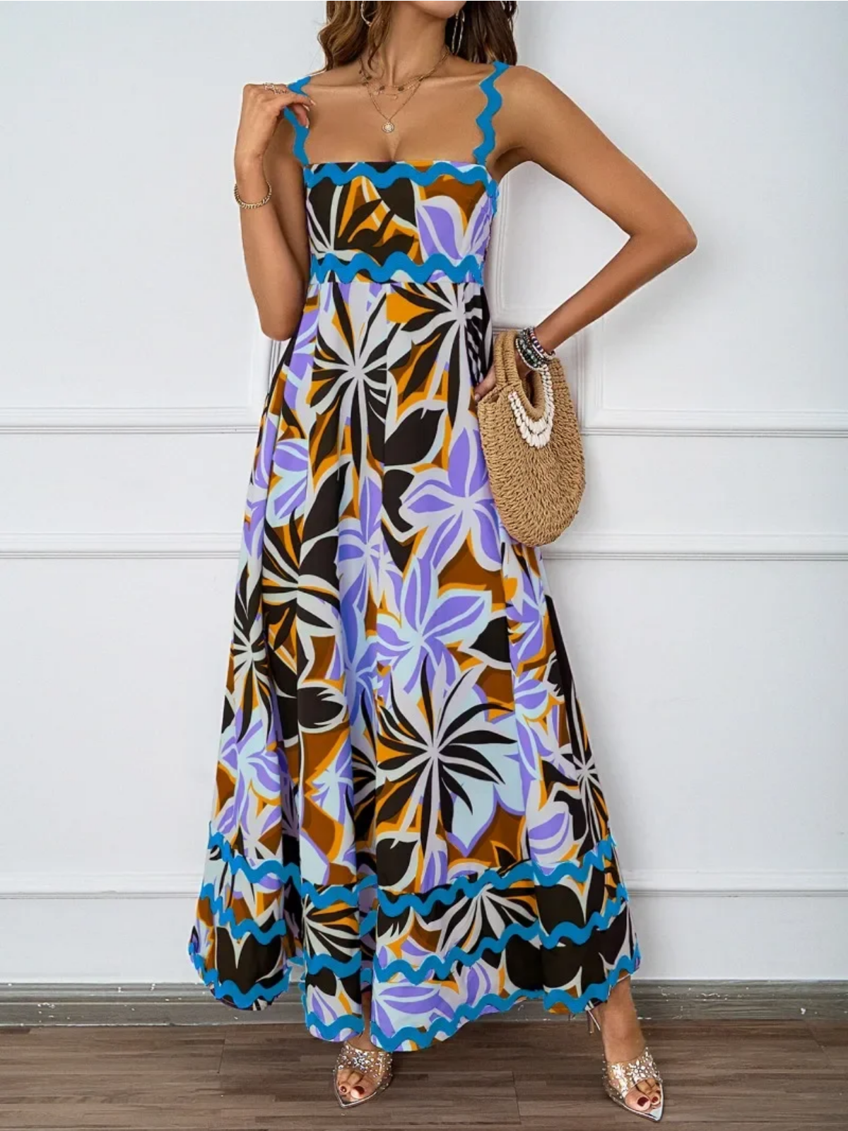 Holiday High Waist Backless Sleeveless Contrast Colors Maxi Dress