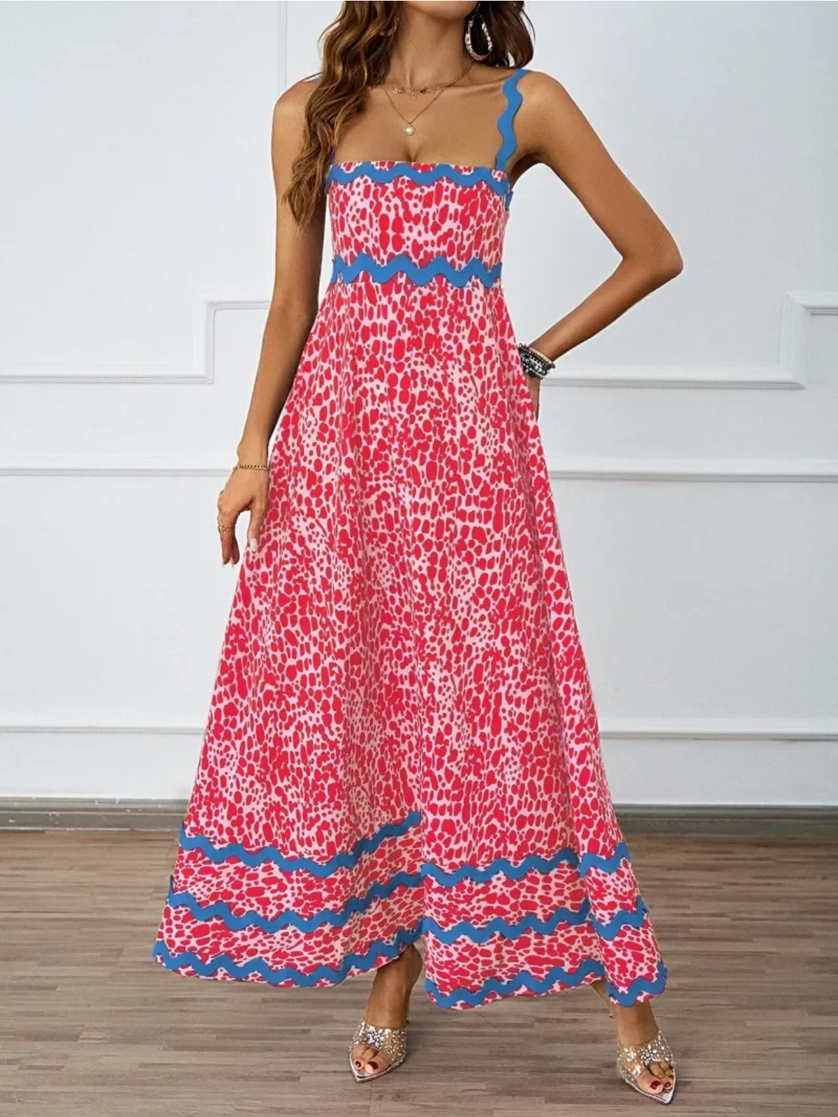 Holiday High Waist Backless Sleeveless Contrast Colors Maxi Dress