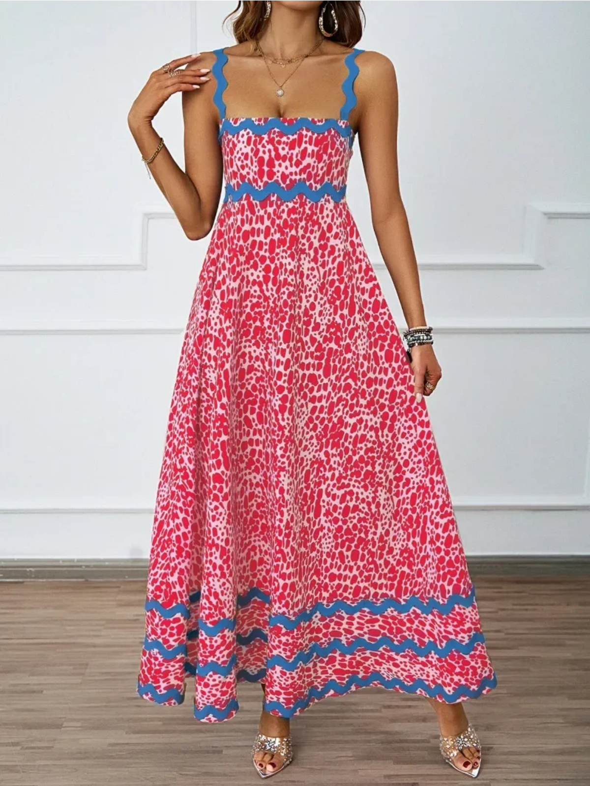 Holiday High Waist Backless Sleeveless Contrast Colors Maxi Dress