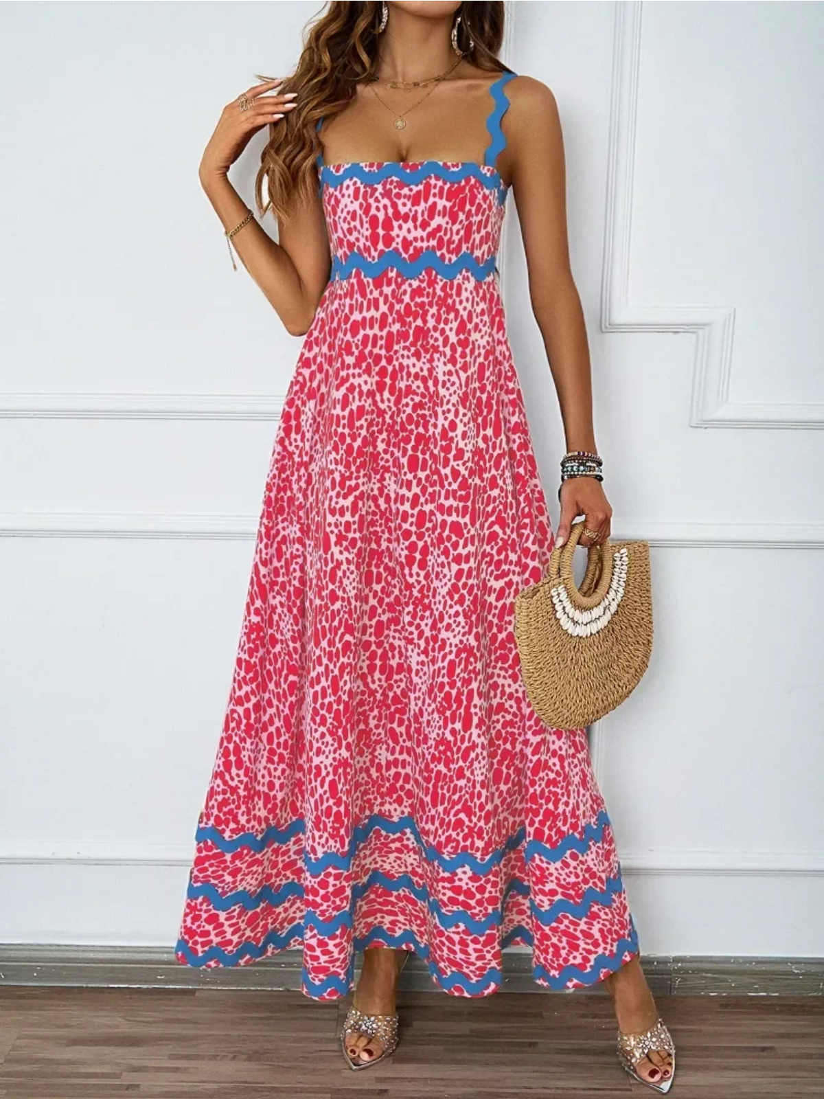 Holiday High Waist Backless Sleeveless Contrast Colors Maxi Dress