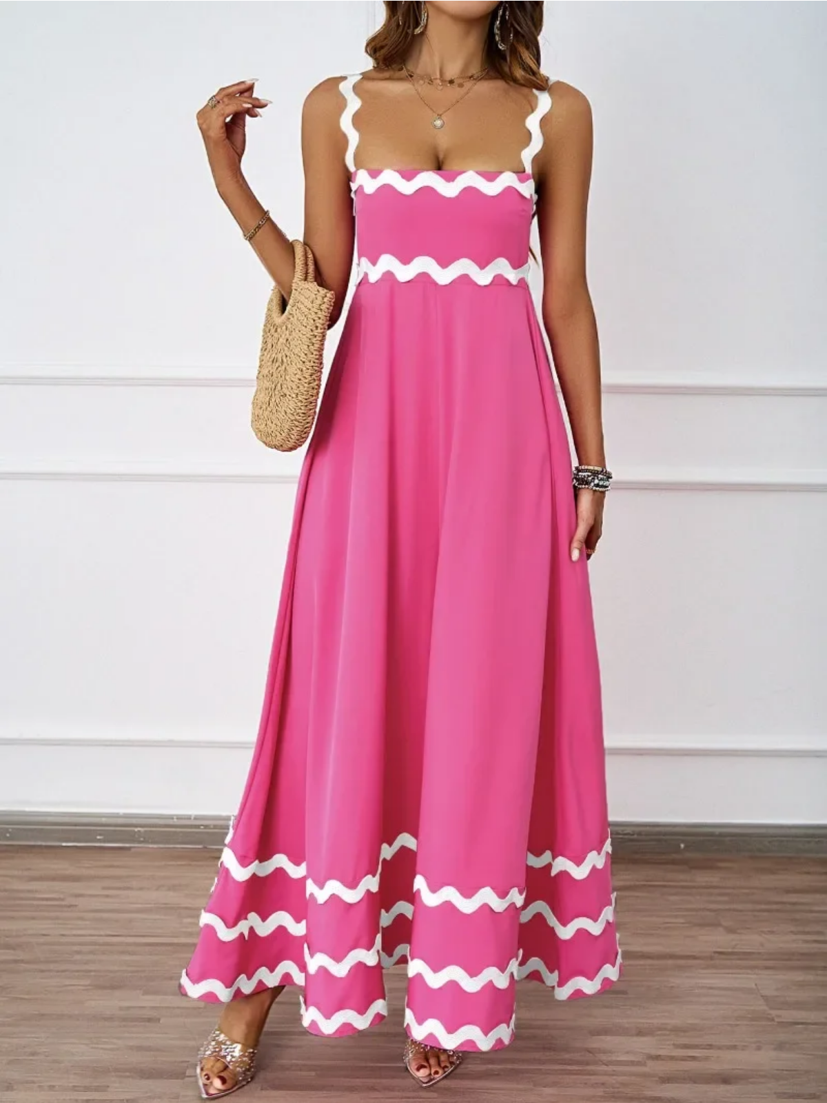 Holiday High Waist Backless Sleeveless Contrast Colors Maxi Dress