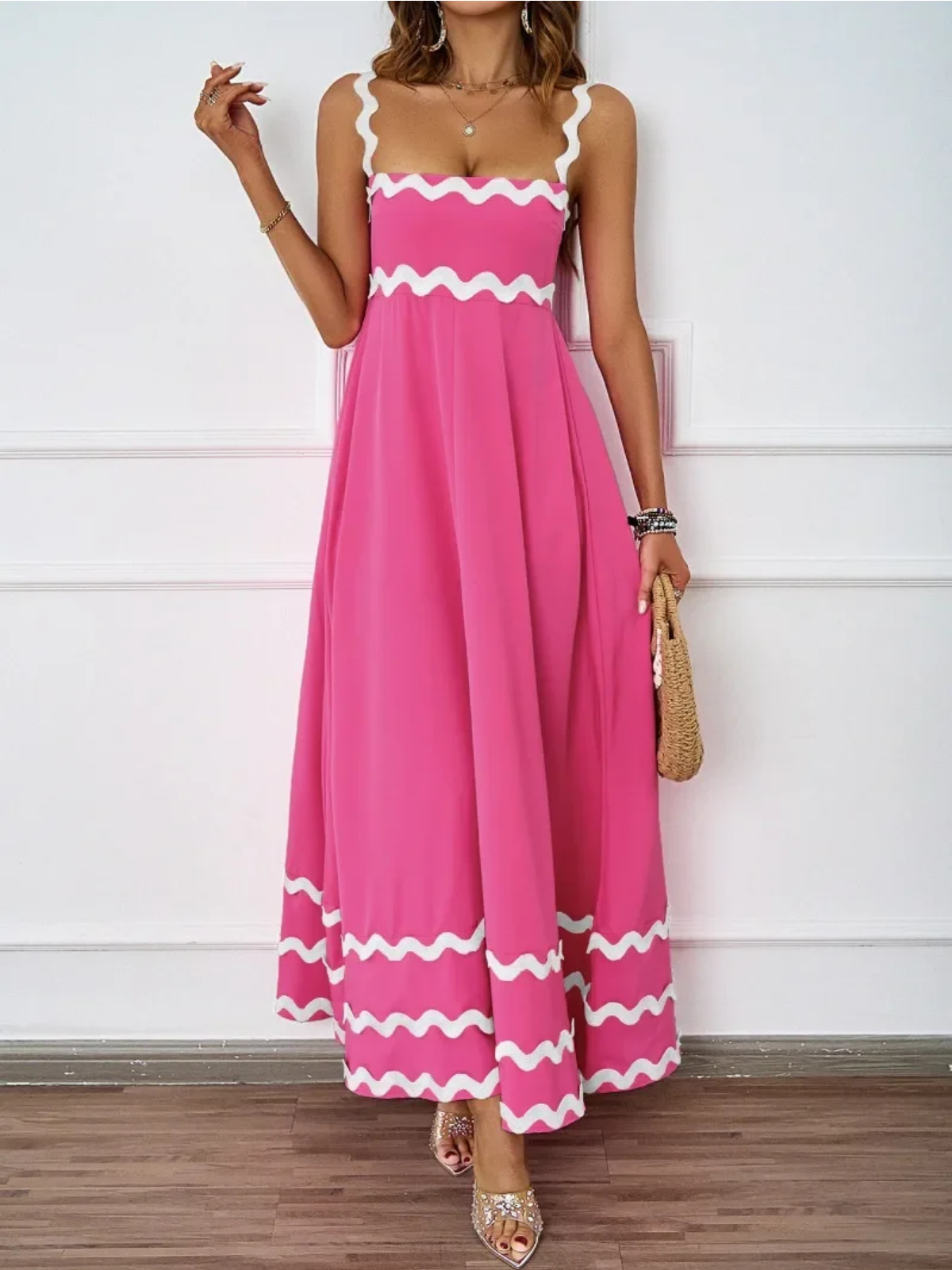 Holiday High Waist Backless Sleeveless Contrast Colors Maxi Dress