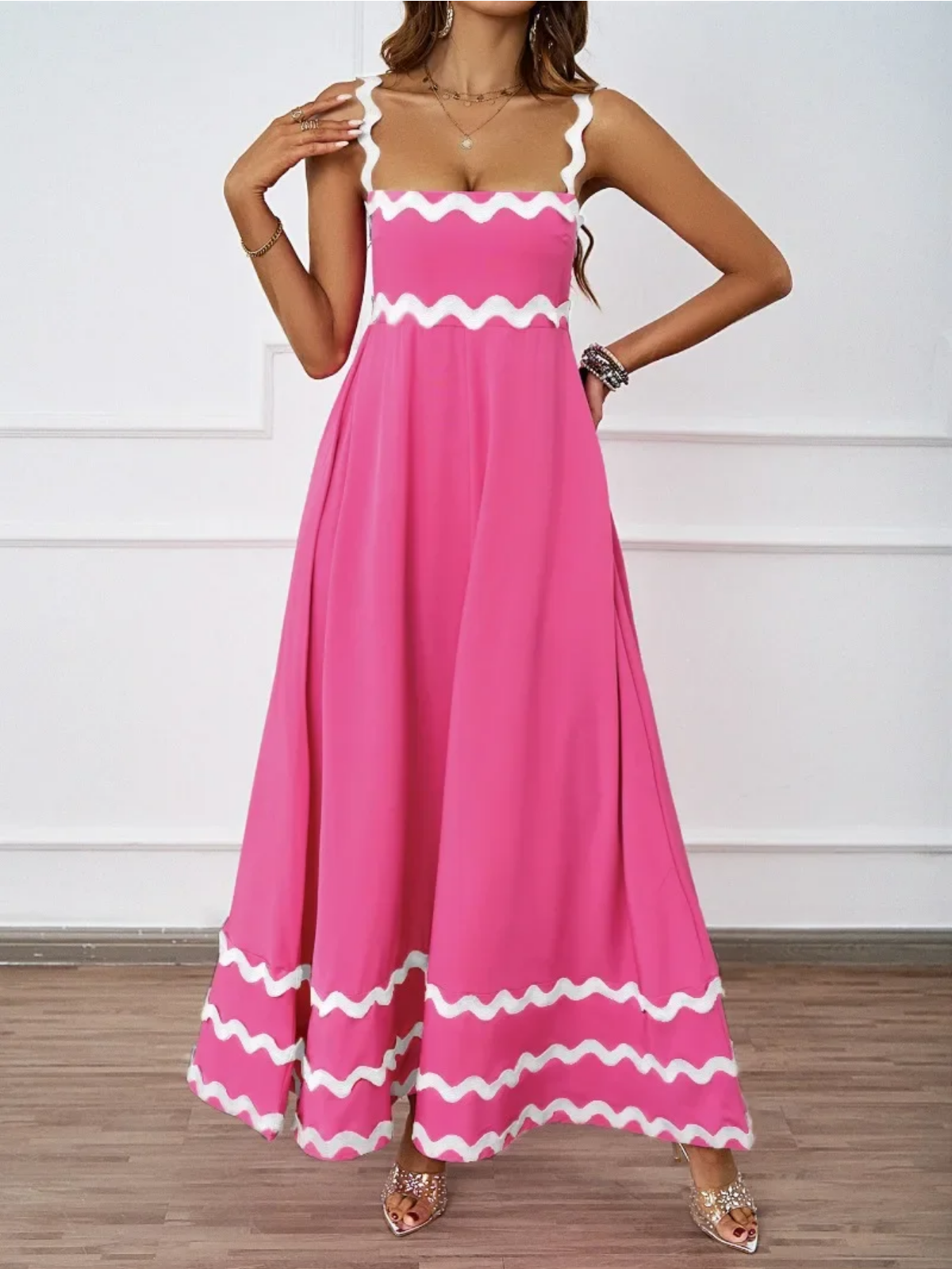 Holiday High Waist Backless Sleeveless Contrast Colors Maxi Dress