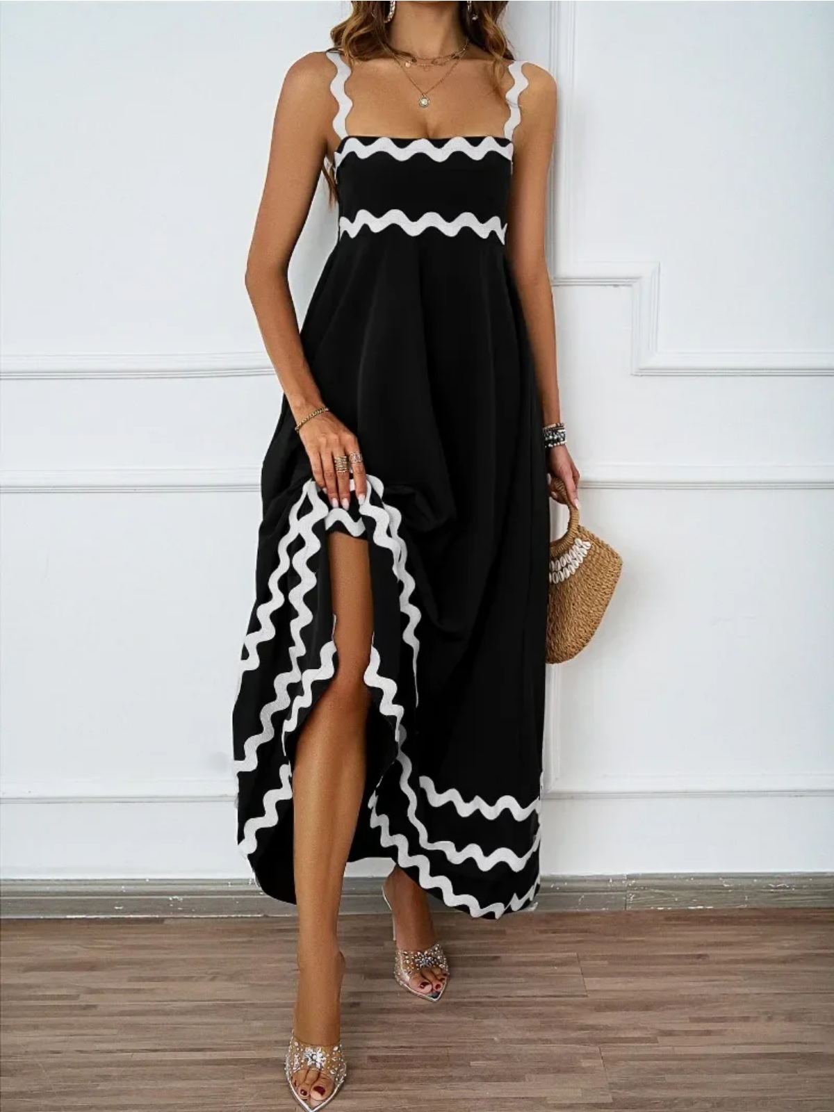 Holiday High Waist Backless Sleeveless Contrast Colors Maxi Dress