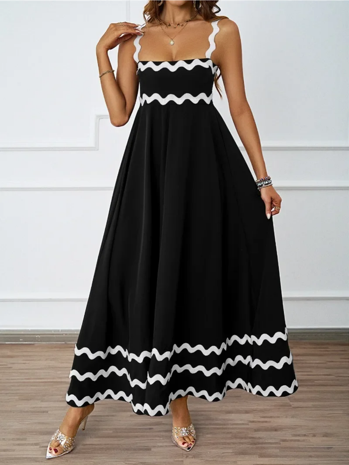 Holiday High Waist Backless Sleeveless Contrast Colors Maxi Dress