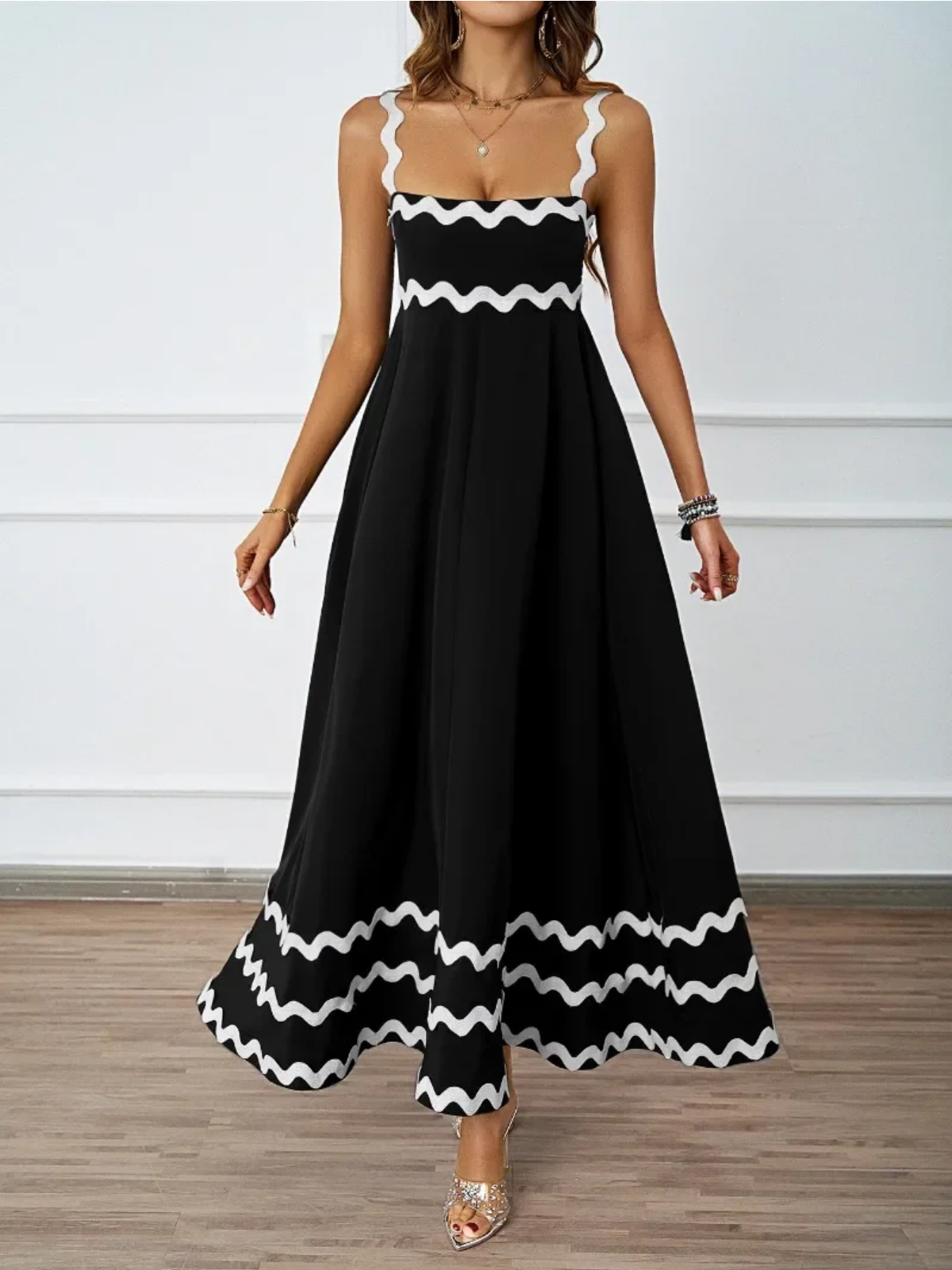Holiday High Waist Backless Sleeveless Contrast Colors Maxi Dress