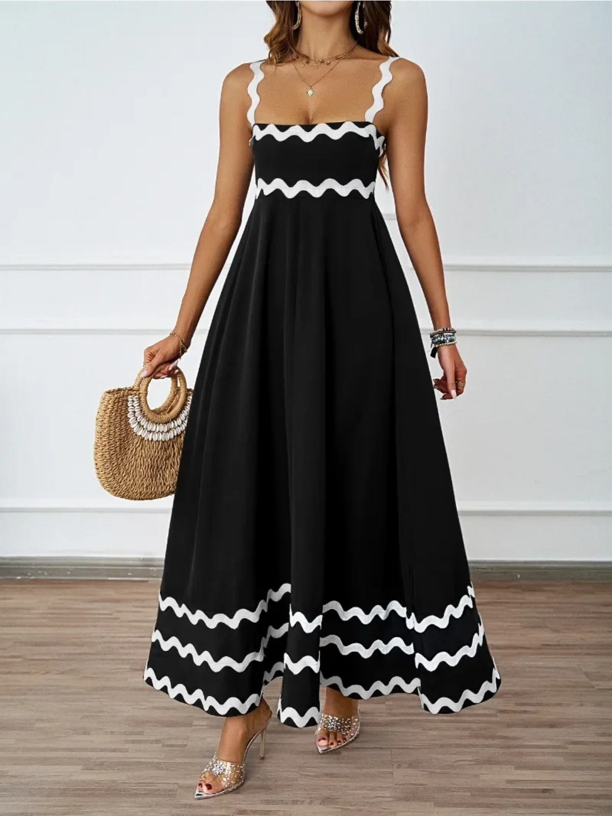 Holiday High Waist Backless Sleeveless Contrast Colors Maxi Dress
