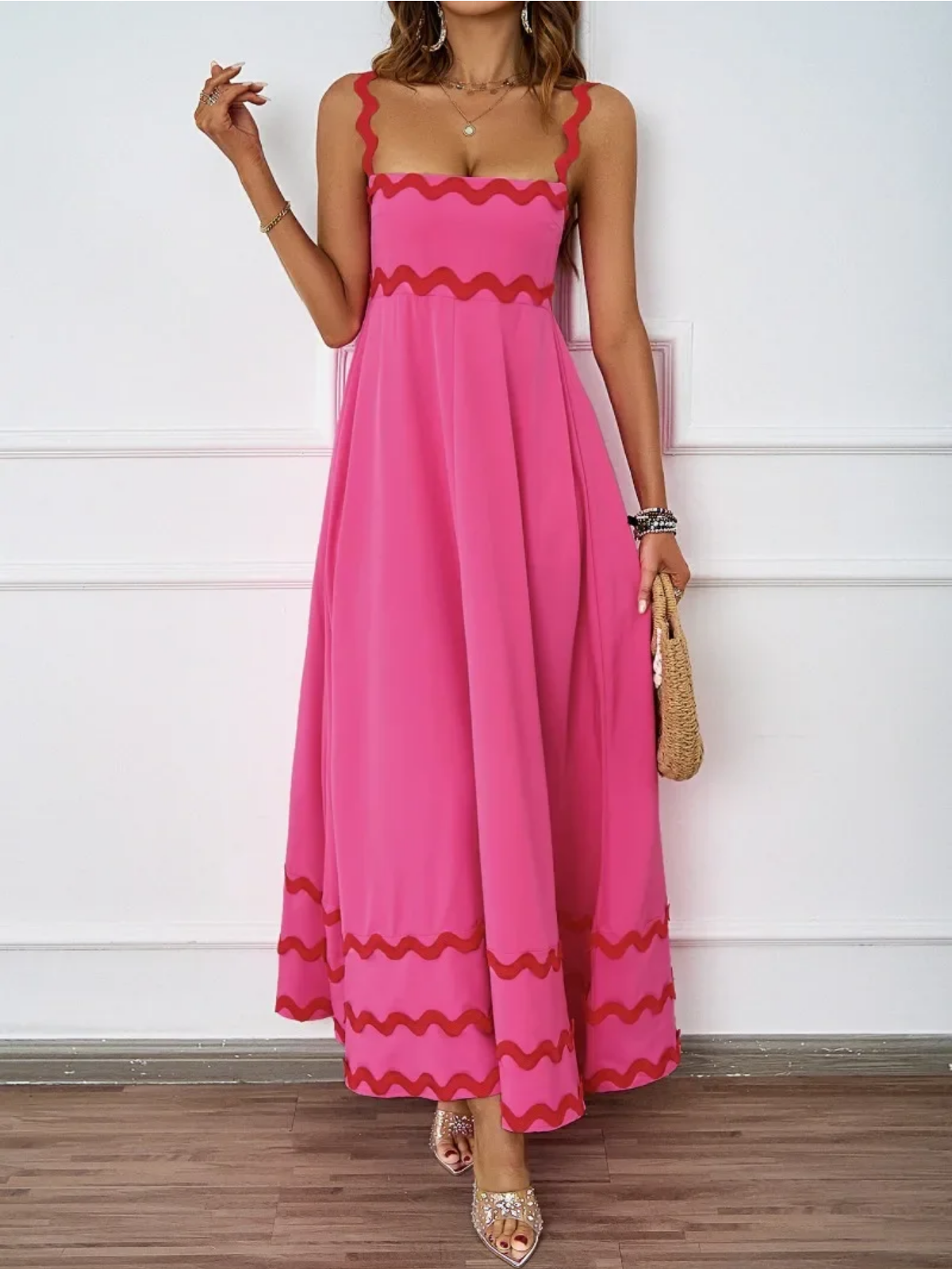 Holiday High Waist Backless Sleeveless Contrast Colors Maxi Dress