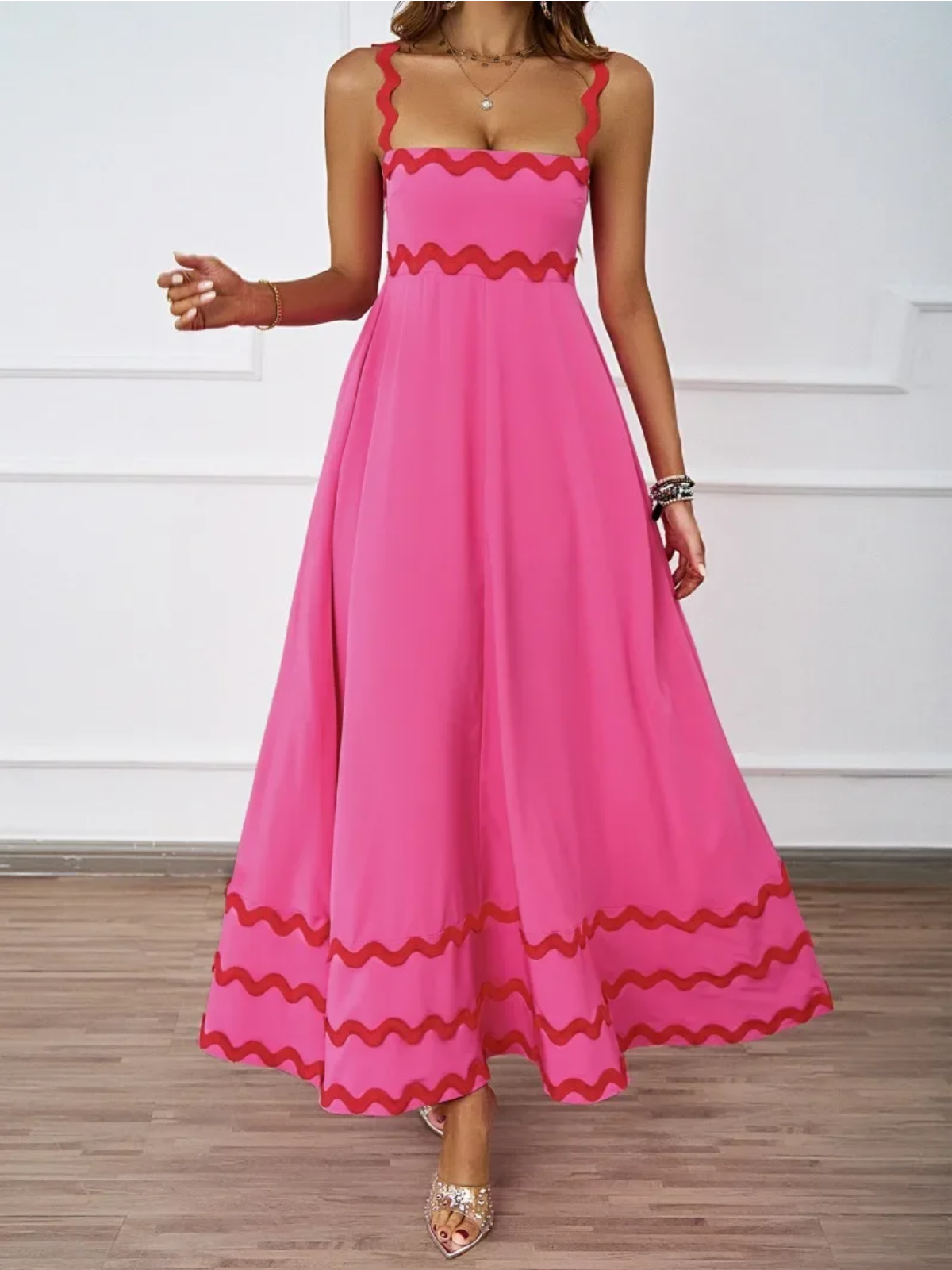 Holiday High Waist Backless Sleeveless Contrast Colors Maxi Dress