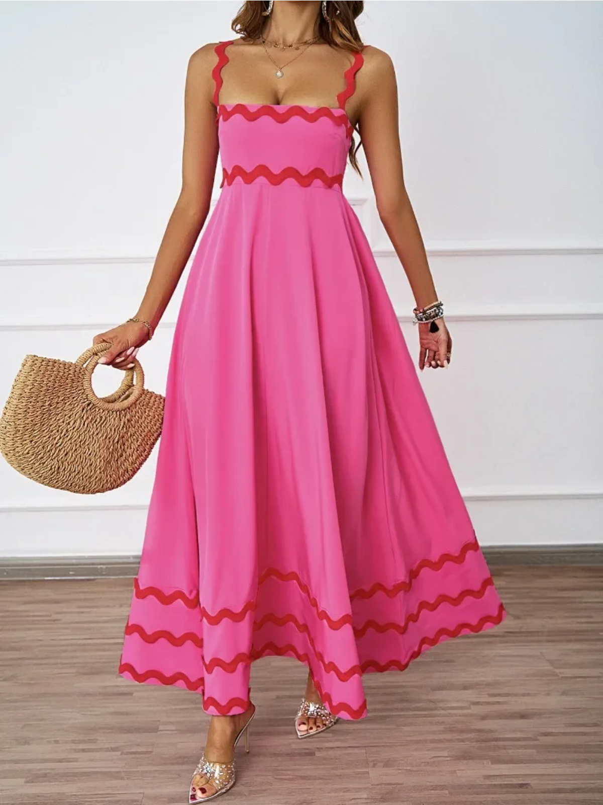 Holiday High Waist Backless Sleeveless Contrast Colors Maxi Dress
