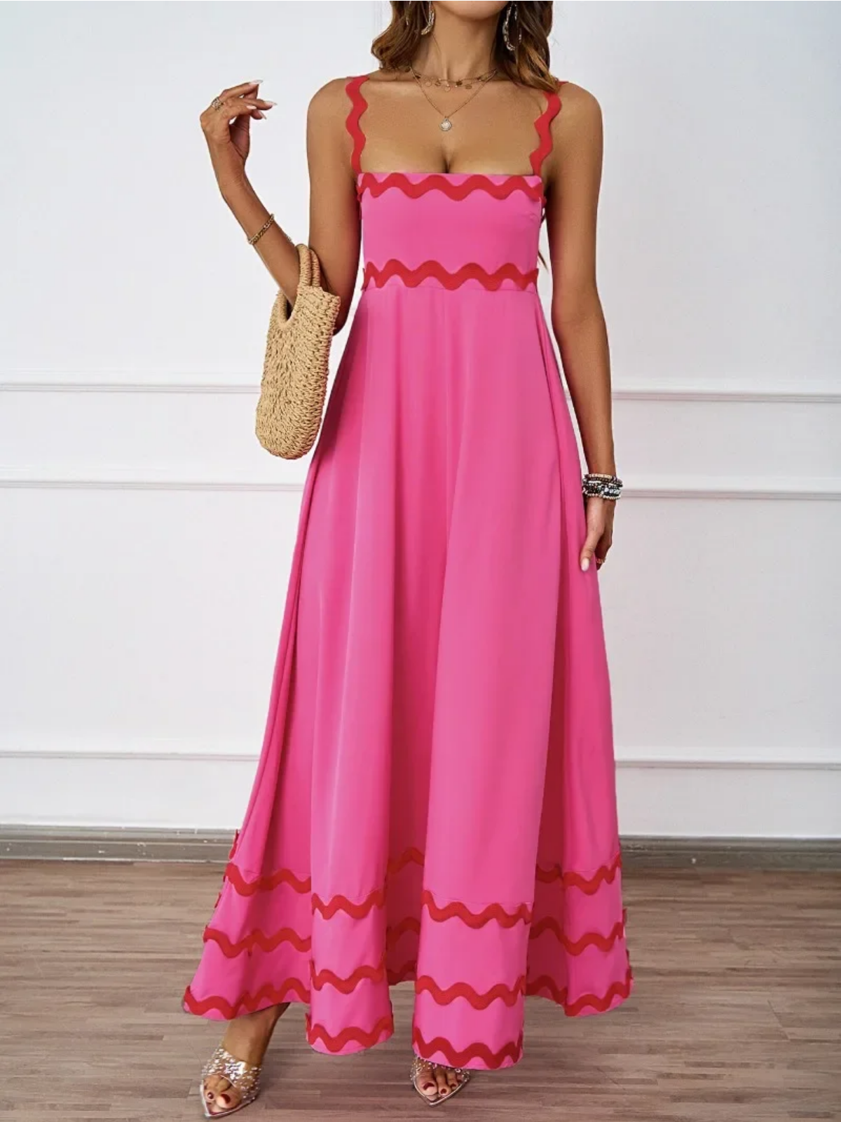 Holiday High Waist Backless Sleeveless Contrast Colors Maxi Dress