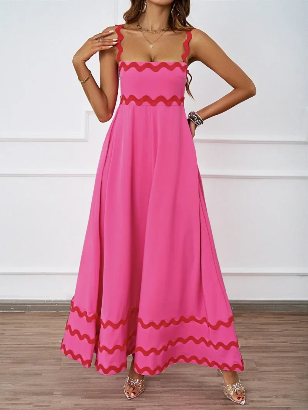 Holiday High Waist Backless Sleeveless Contrast Colors Maxi Dress