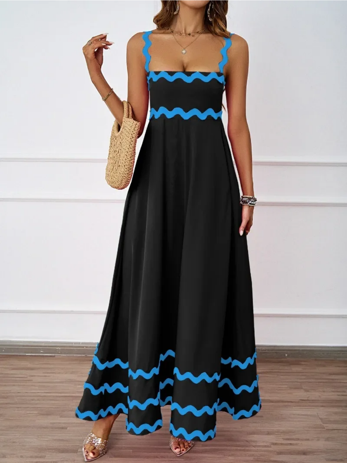 Holiday High Waist Backless Sleeveless Contrast Colors Maxi Dress