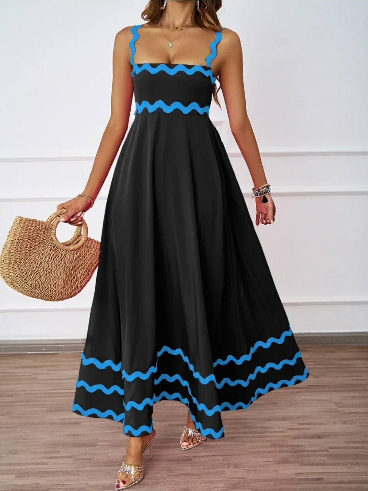 Holiday High Waist Backless Sleeveless Contrast Colors Maxi Dress