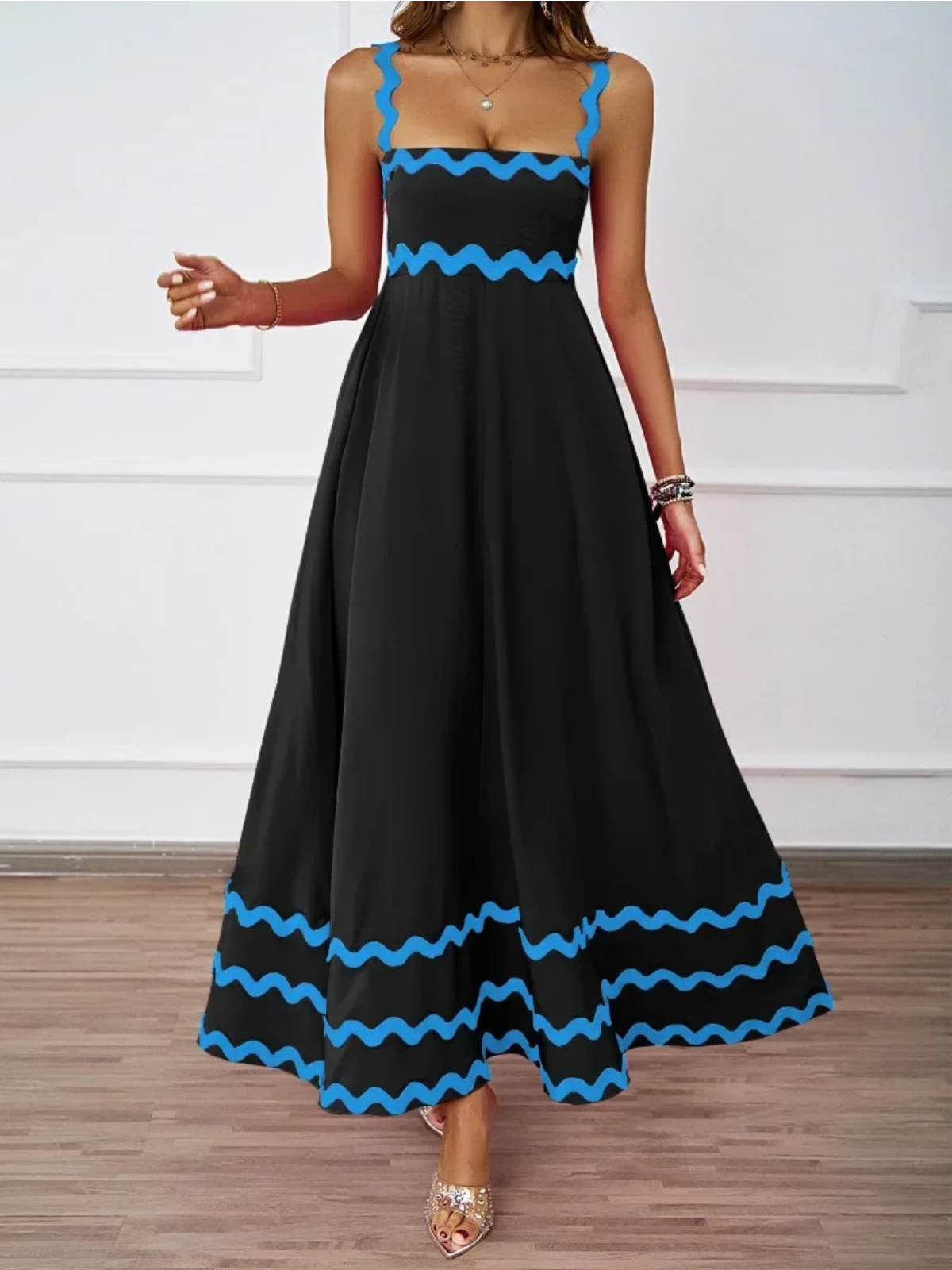 Holiday High Waist Backless Sleeveless Contrast Colors Maxi Dress